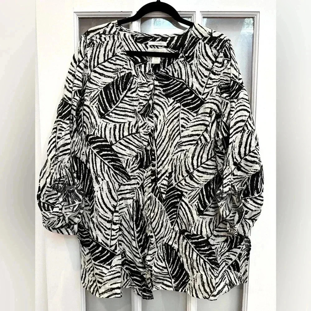 Cynthia Rowley Button Down 100% Linen Tunic Blouse Plus Size 2X Black & Cream - Picture 10 of 10